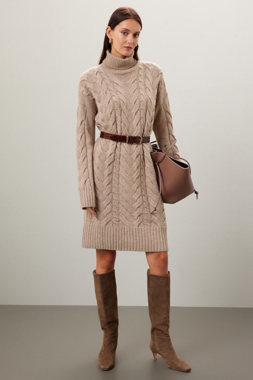 Barbour Sz 8 Woodlane Fall Tan Cable Knit Long Sleeve Turtleneck Sweater Dress